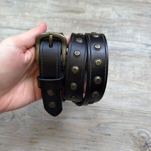 Genuine Leather Studded Belt Black Dark Brown Size 32 Y2K Punk Grunge Vintage
